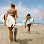 Surfer girls at beach in Lima Peru