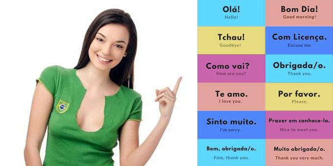 Brazilian girl pointing at Portuguese words