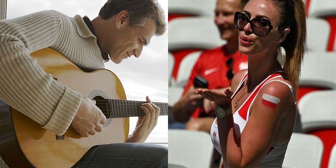 man on guitar and polish girl sending flying kisses