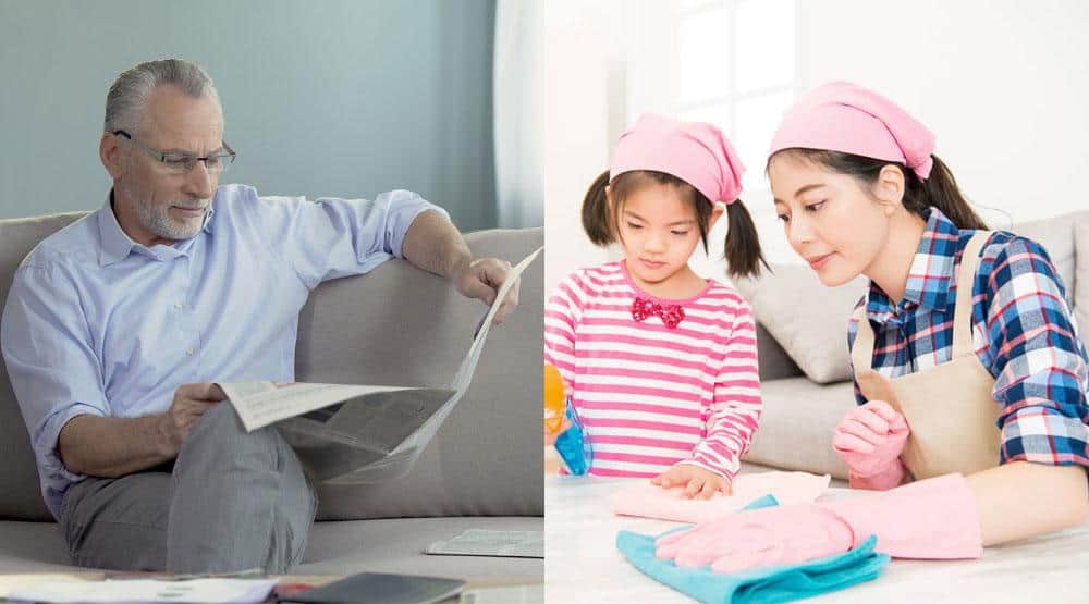 man reading newspaper and Asian girl doing chores