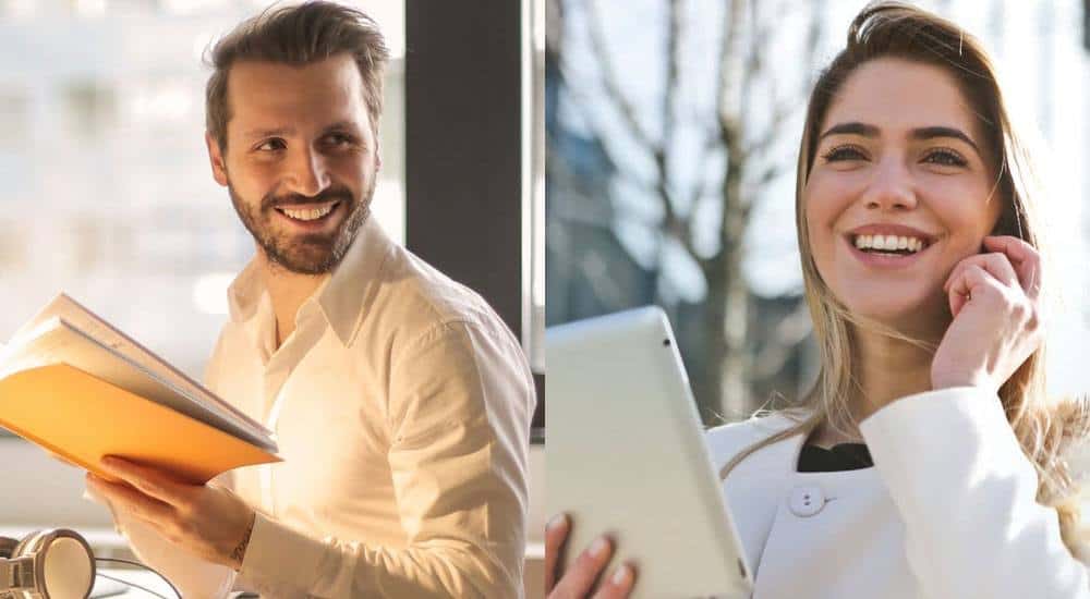 matured man and a blonde girl holding a tablet