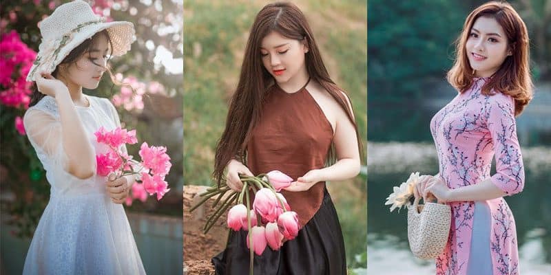 cute Chinese women holding flowers