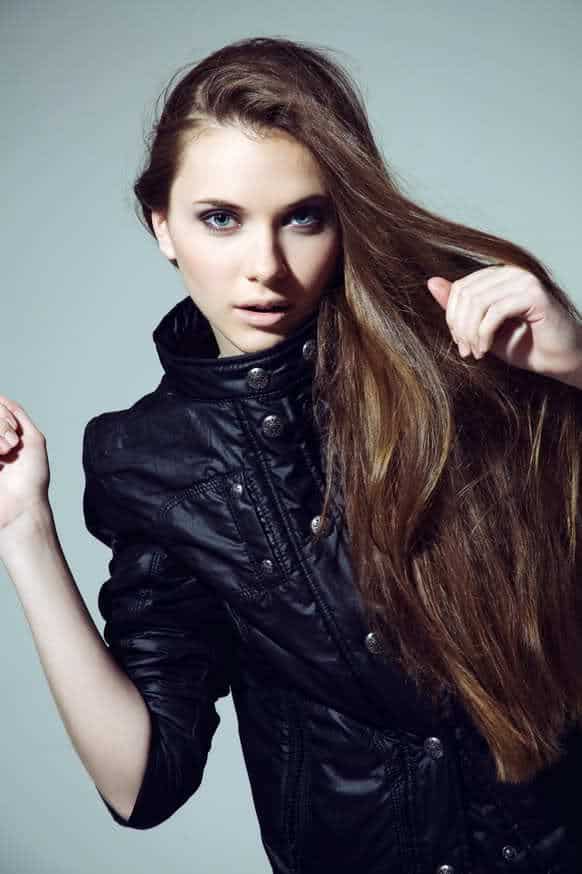 Sofia Lomyuga wearing black leather jacket