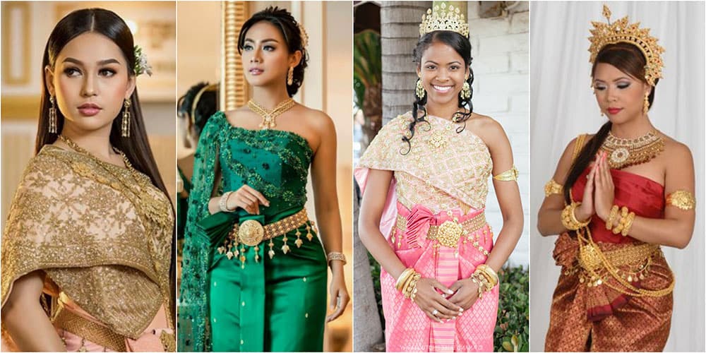 Cambodian brides in their traditional wedding dresses