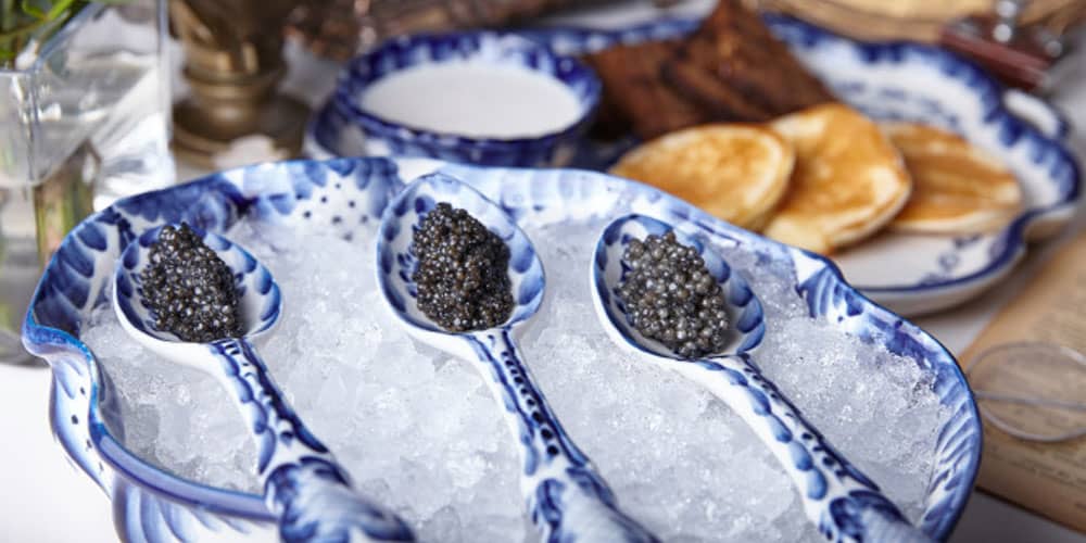 spoons of caviar on ice from Tsar restaurant