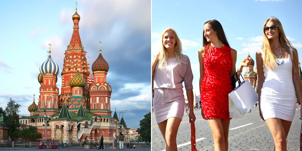 women and Moscow and the St. Basil's Cathedral